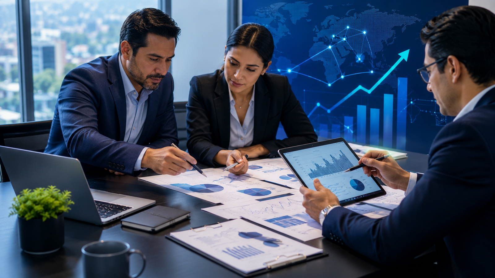 Equipo revisando estrategia comercial y abastecimiento empresarial